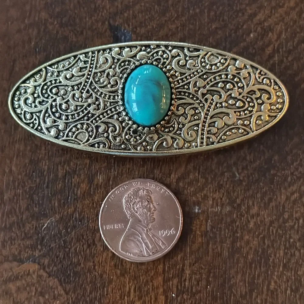 Jeweled French Barrette Set – Simulated Gemstone Inlay: Turquoise, Coral & Opal